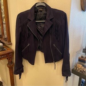 AUDREY 3+1 Women Black Faux Suede Fringe Zipped Moto Jacket Size Small